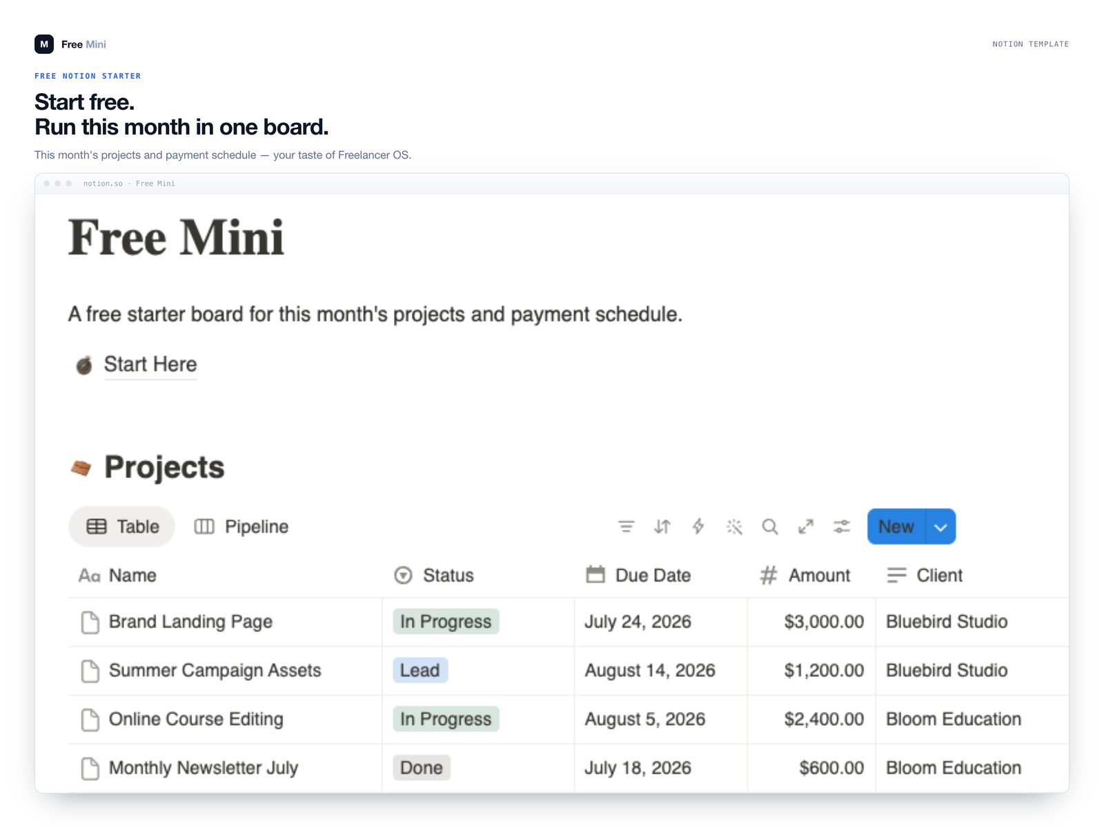 Free Mini Notion board preview — projects and payments