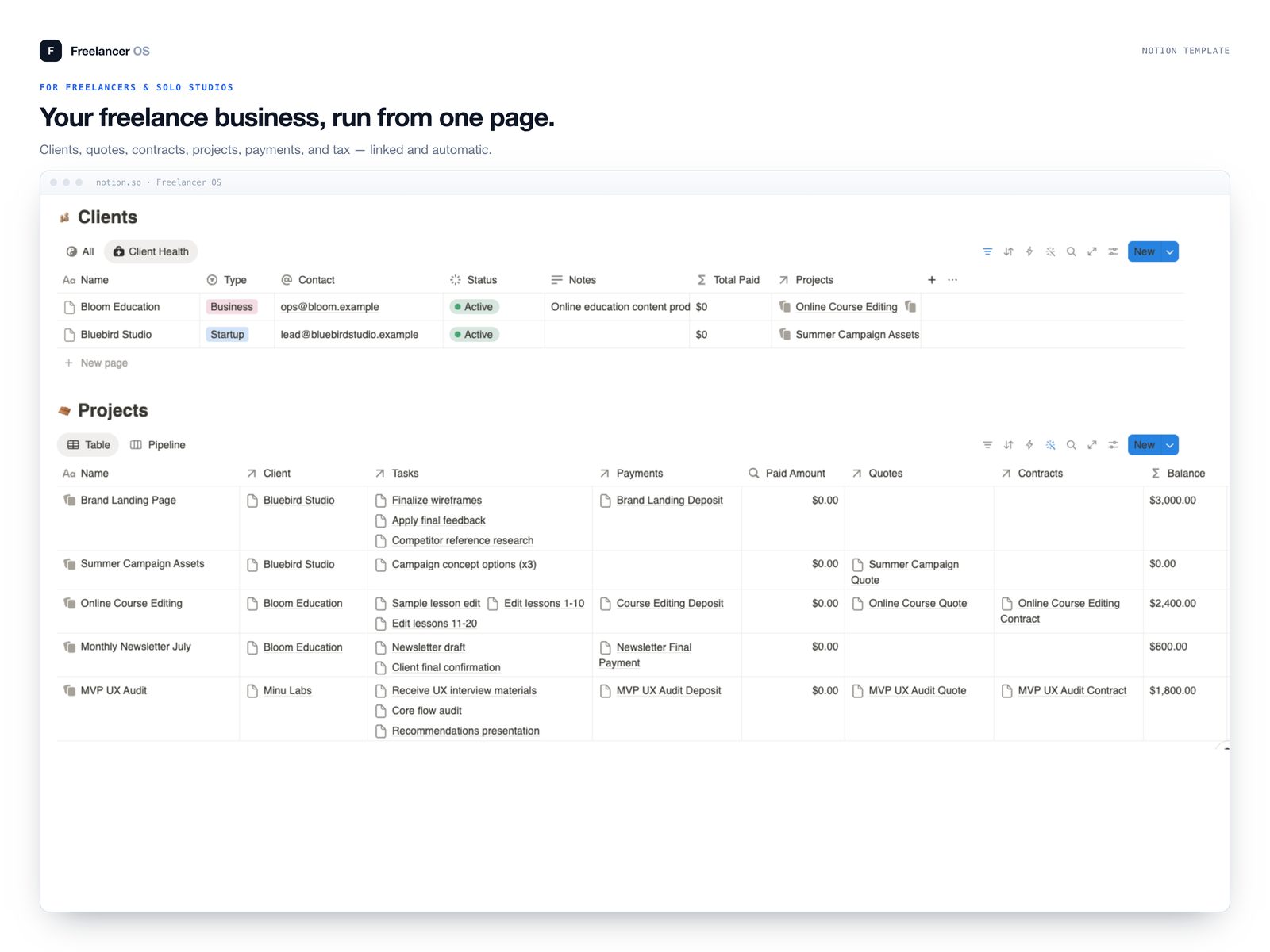 Freelancer OS preview — clients and projects