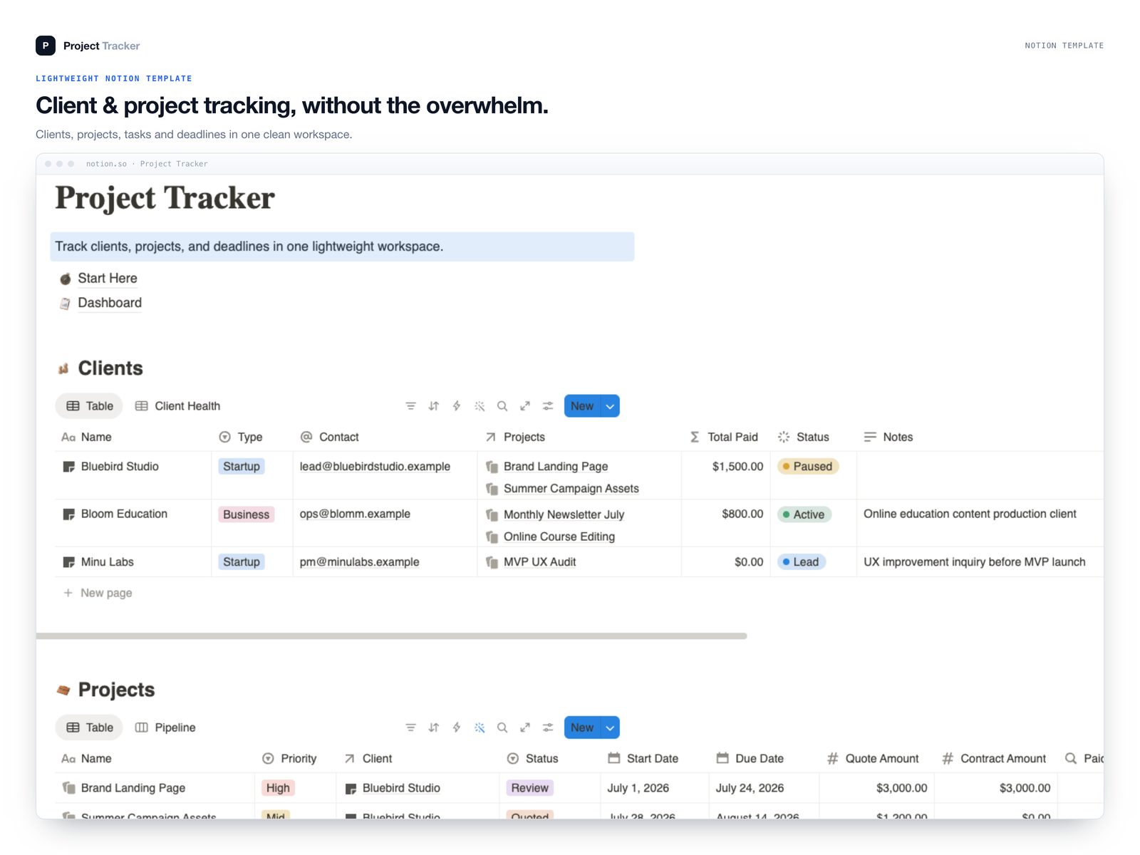 Project Tracker preview — projects overview